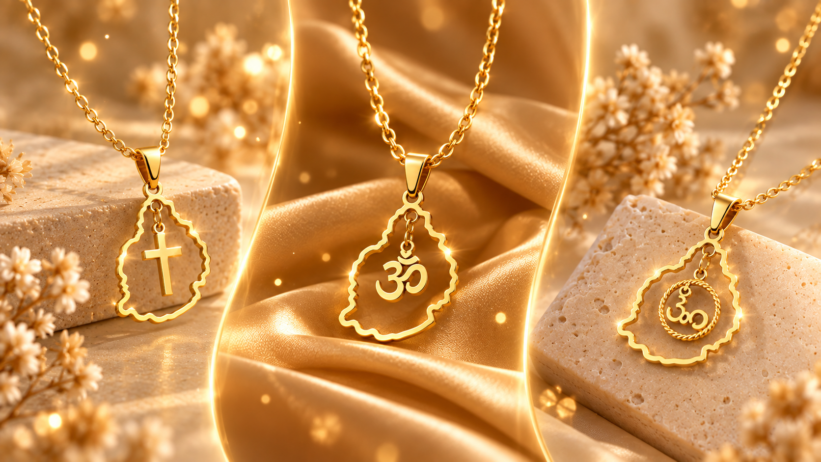 Signature collection gold Mauritius-shaped pendants with cross, Om and Tamil Om symbols